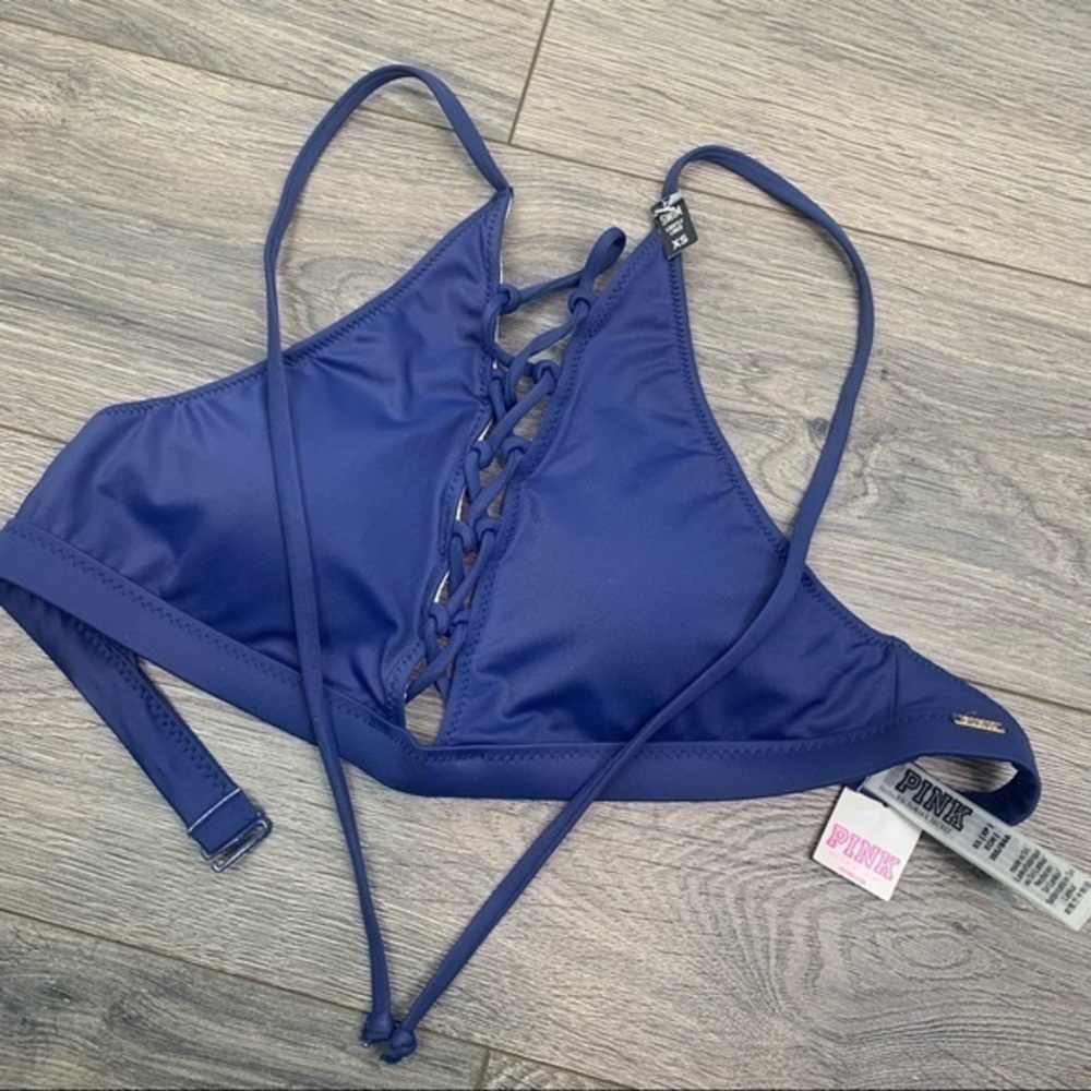 NWT Victoria Secret Pink halter swim top with corset lace lightly lined XS A9